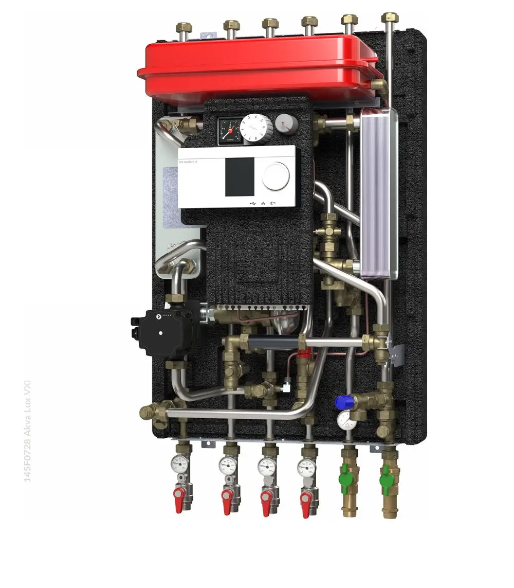 Hausstation mit verschiedenen Ventilen, Manometern und einer Steuerungseinheit. Hersteller: Danfoss. Gehäuse aus schwarzem Material, oben rote Abdeckung.